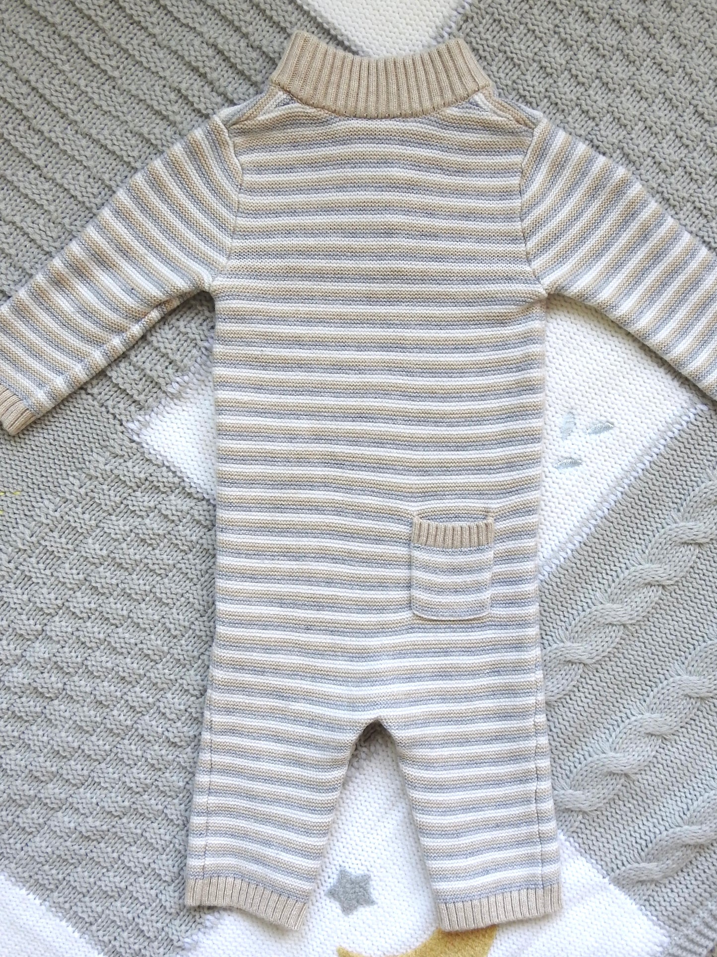 Janie & Jack Neutral Striped Knit Romper 0-3M