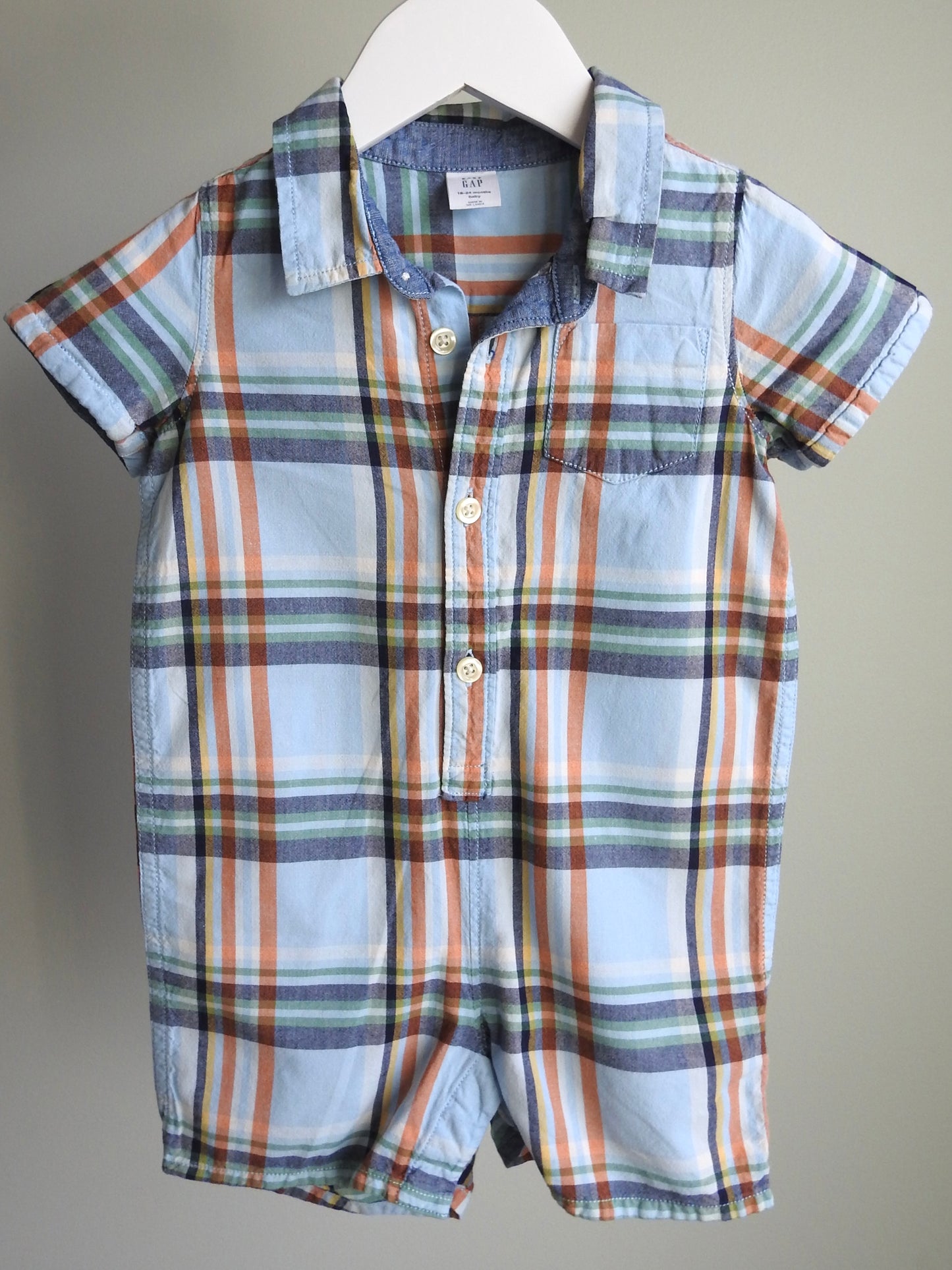 Baby Gap Blue Orange Plaid Collared Romper 18-24M