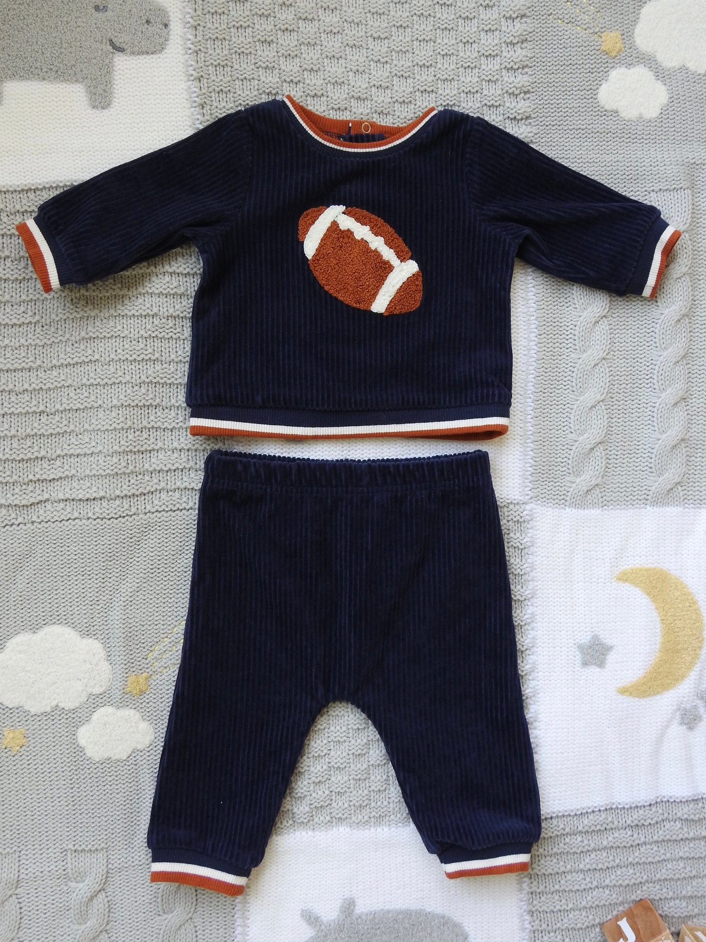 Little Me Navy Velour Football Set 3-6M