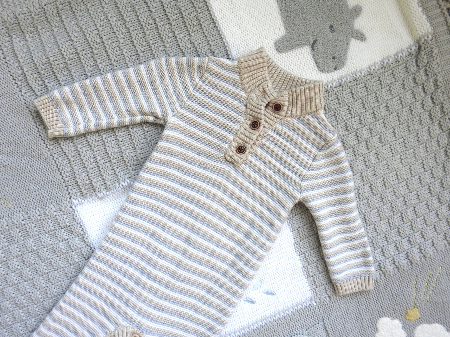 Janie & Jack Neutral Striped Knit Romper 0-3M