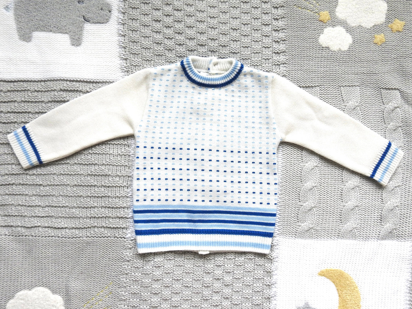 Vintage 60s/70s Nannekins by Nanette Cream Blue Patterned Sweater 3-6M