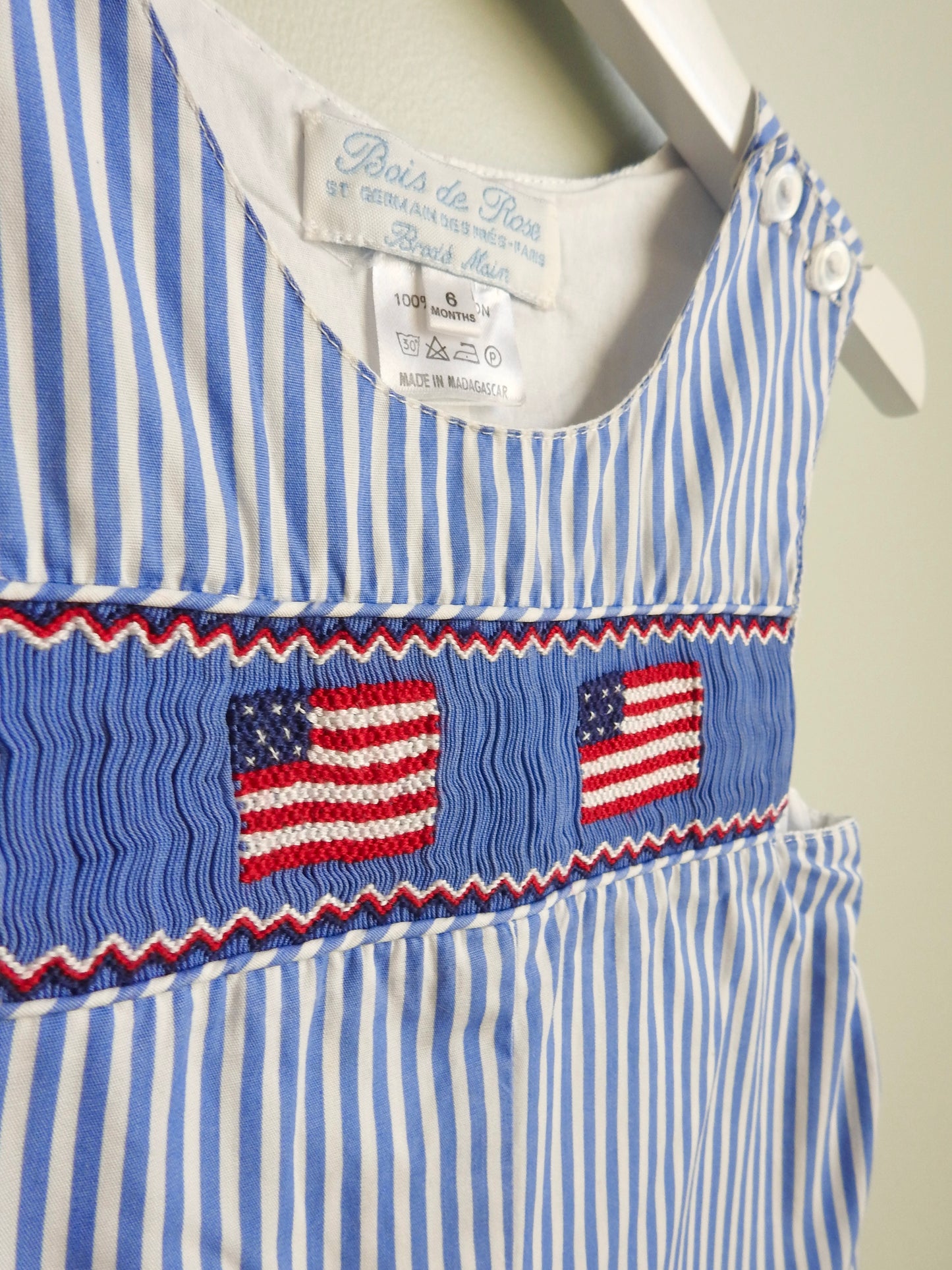 Bois de Rose Blue Smocked USA Flag Shortalls 6M