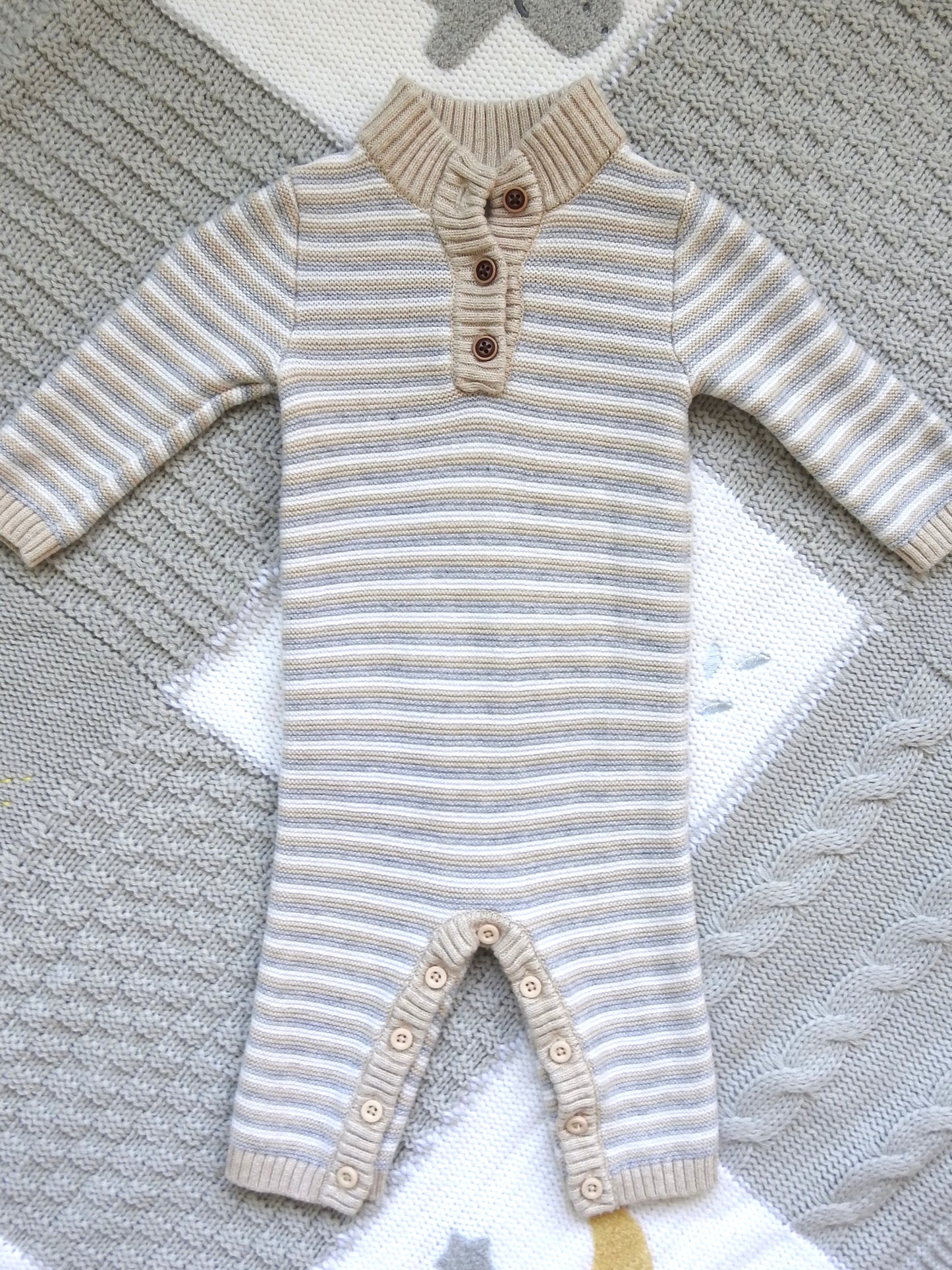 Janie & Jack Neutral Striped Knit Romper 0-3M