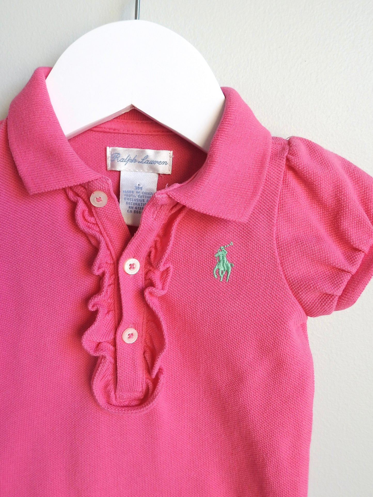 Ralph Lauren Pink Polo Collared Ruffle Bodysuit 3M