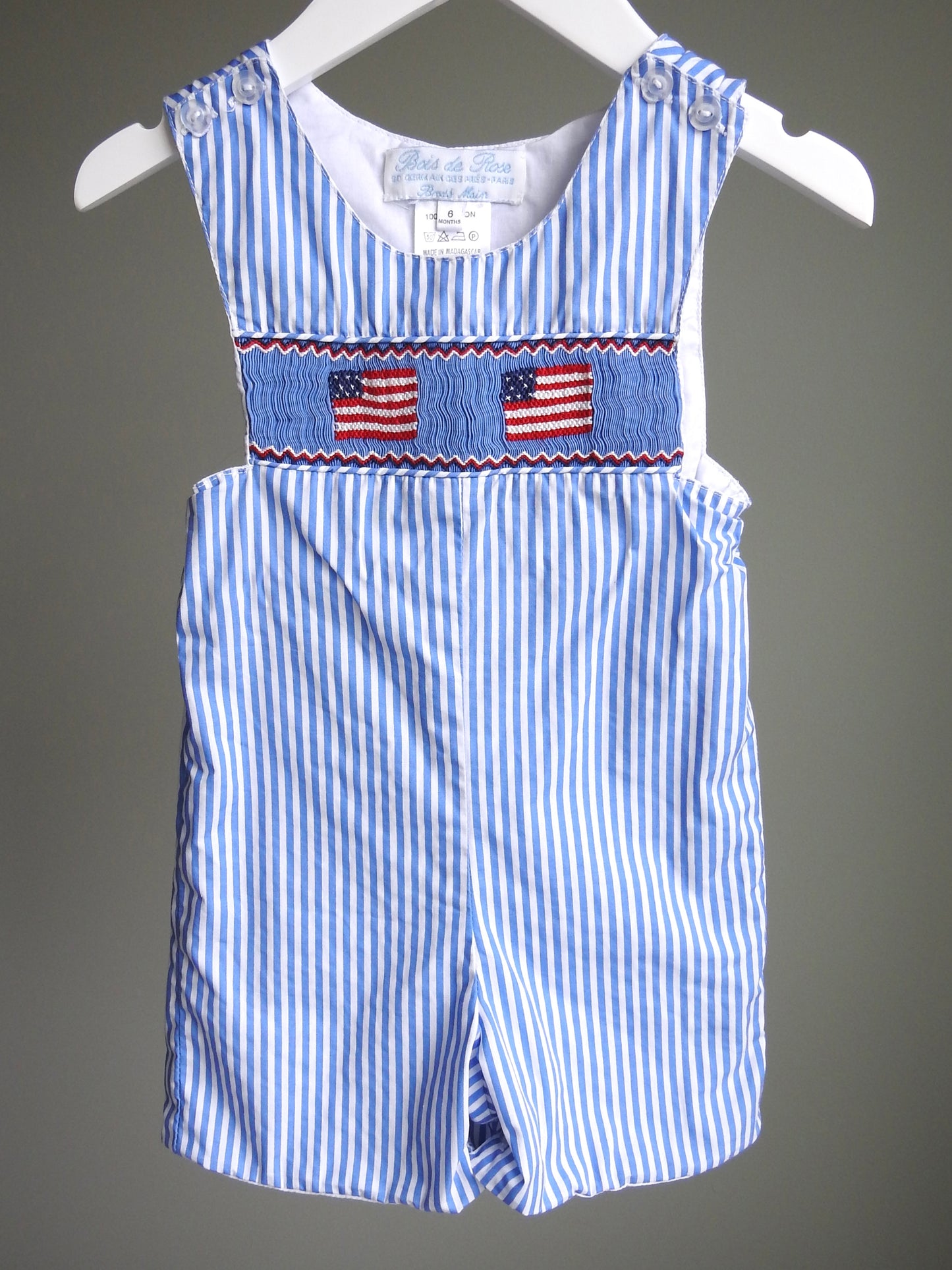 Bois de Rose Blue Smocked USA Flag Shortalls 6M