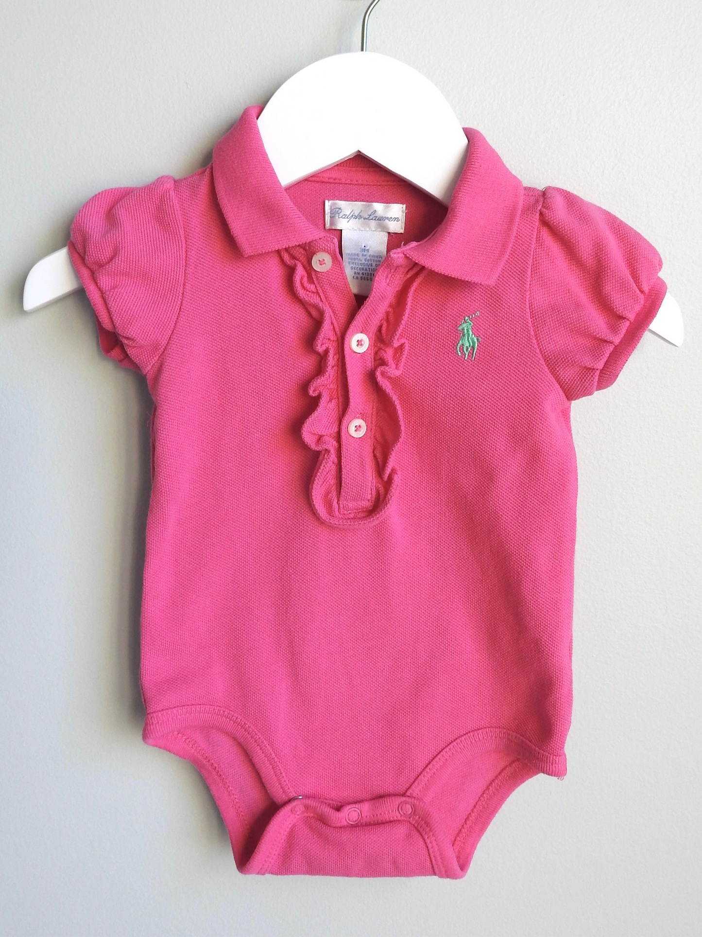 Ralph Lauren Pink Polo Collared Ruffle Bodysuit 3M