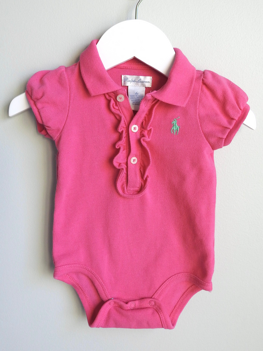 Ralph Lauren Pink Polo Collared Ruffle Bodysuit 3M