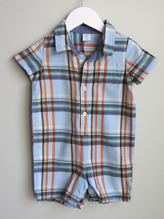 Baby Gap Blue Orange Plaid Collared Romper 18-24M