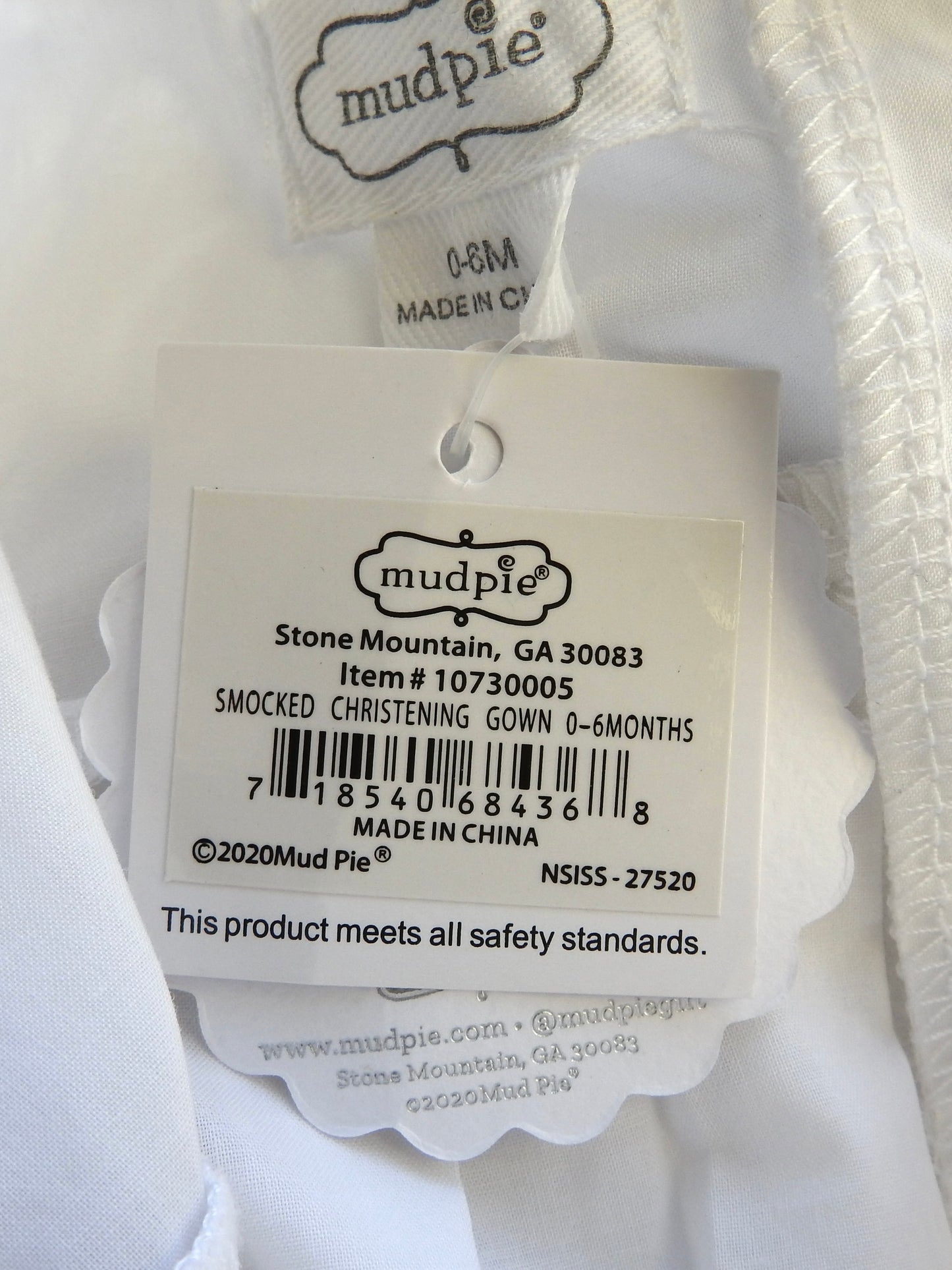 NWT Mud Pie White Smocked Christening Gown 0-6M