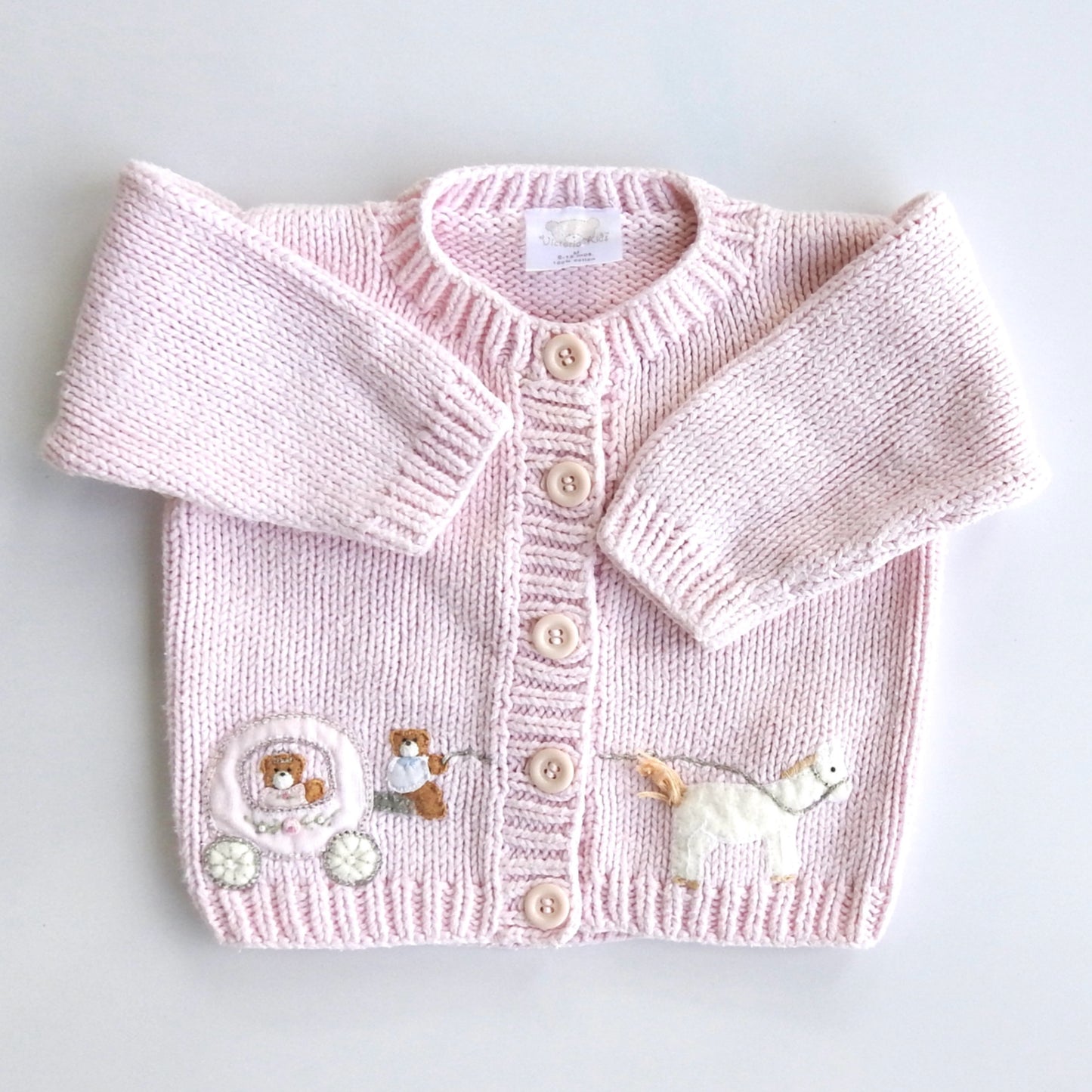 Vintage 00s Victoria Kids Pink Cinderella Teddy Bear Cardigan 6-12M