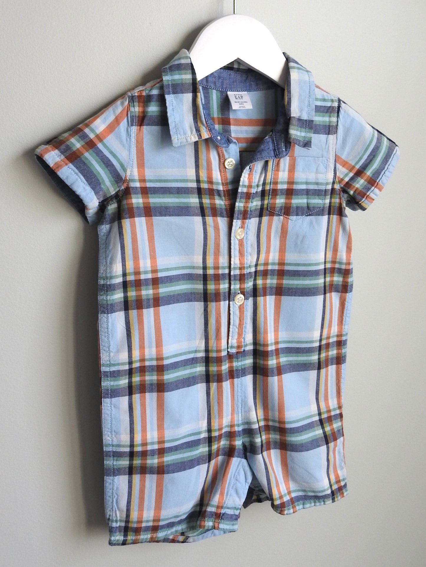 Baby Gap Blue Orange Plaid Collared Romper 18-24M