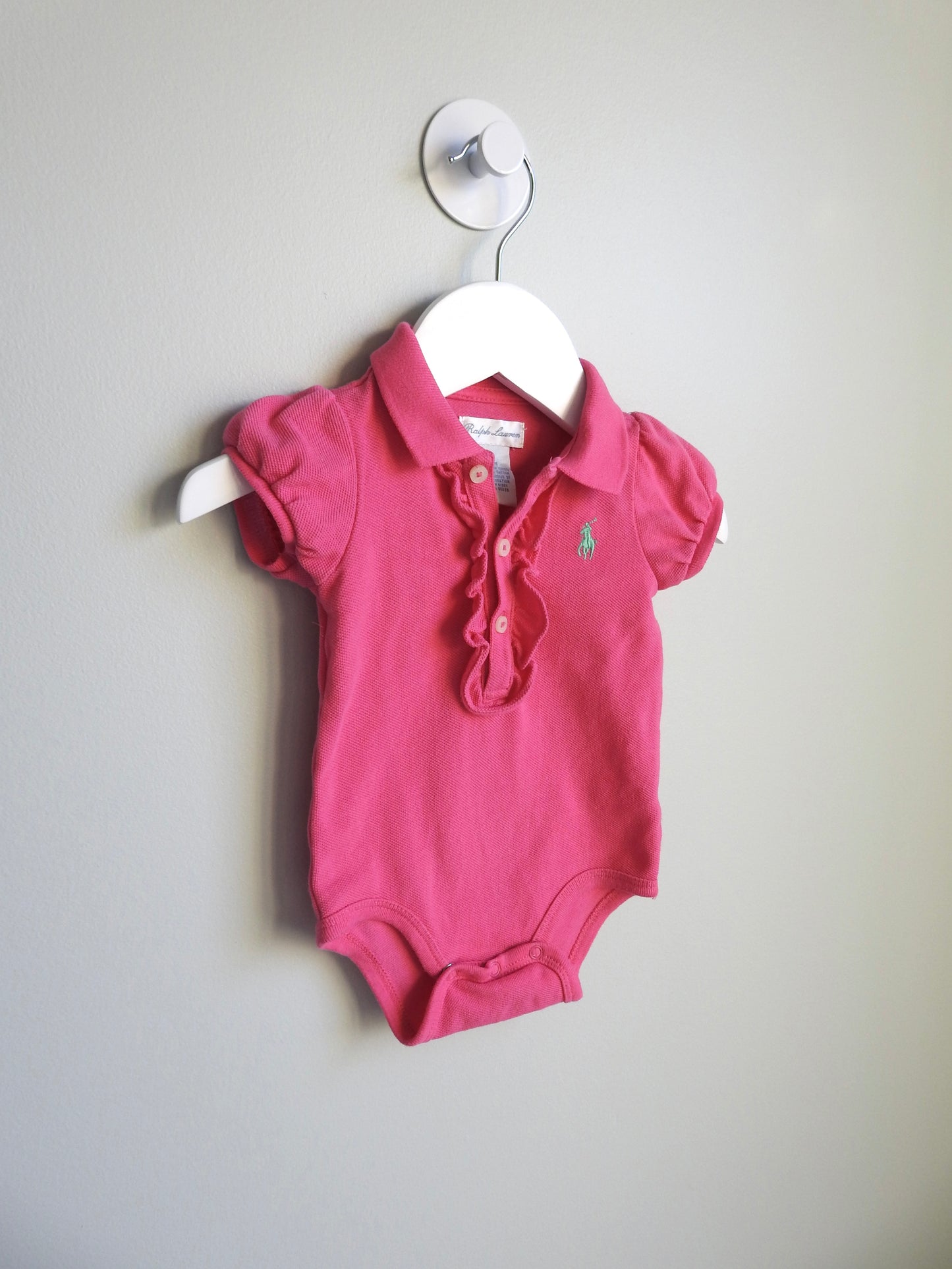 Ralph Lauren Pink Polo Collared Ruffle Bodysuit 3M