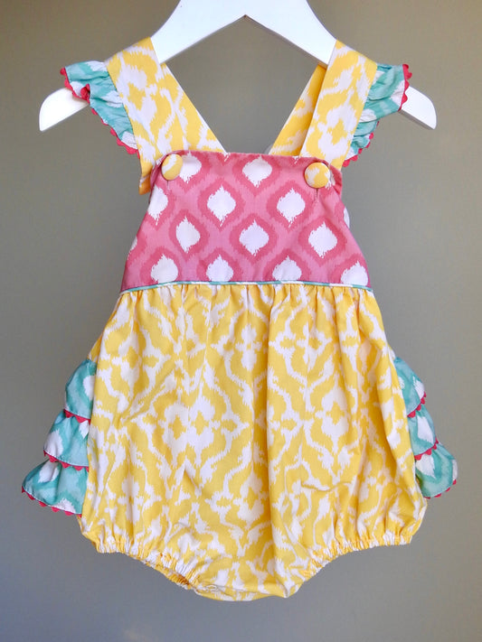 Shrimp & Grits Kids Yellow Pink Green Ruffle Romper 18M