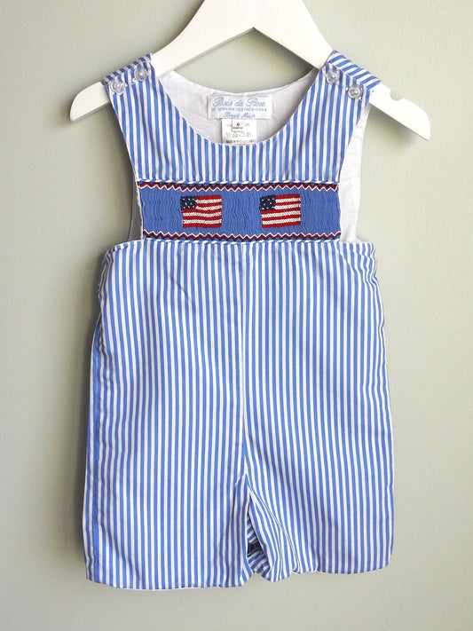 Bois de Rose Blue Smocked USA Flag Shortalls 6M